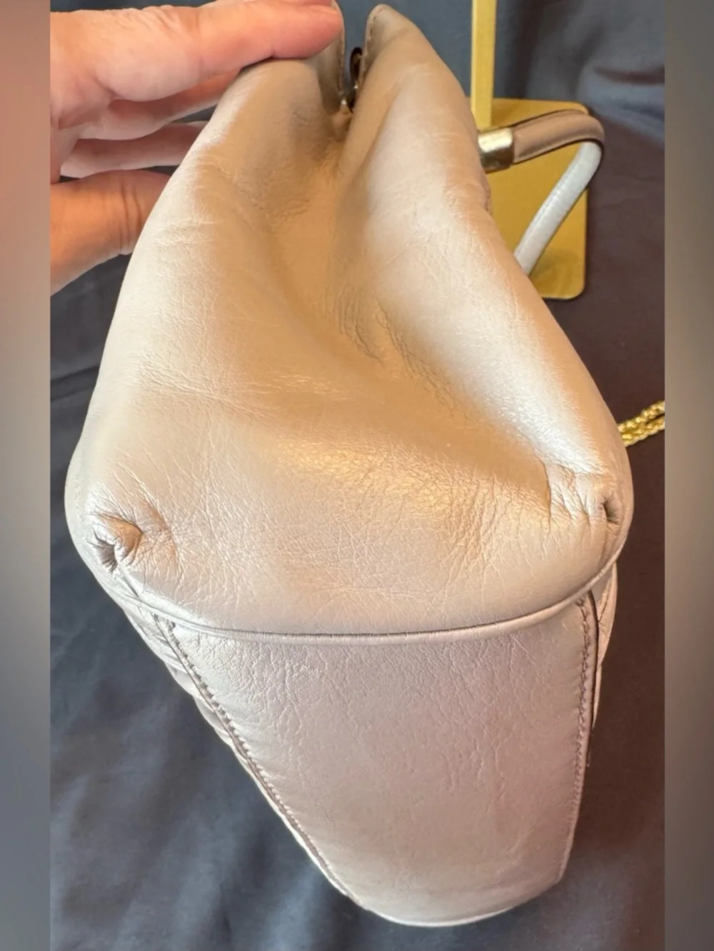 COACH Madison Madeline Taupe Ruched Leather Crossbody Bag with Gold Color Chain - Picture 10 of 12